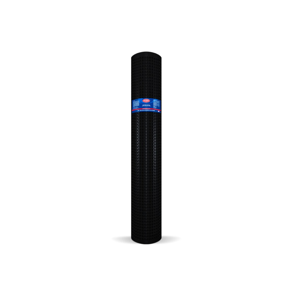 Rollo de Fester Filtro, geocompuesto con lámina negra nodular y geotextil blanco para sistemas de drenaje y filtración en construcción.