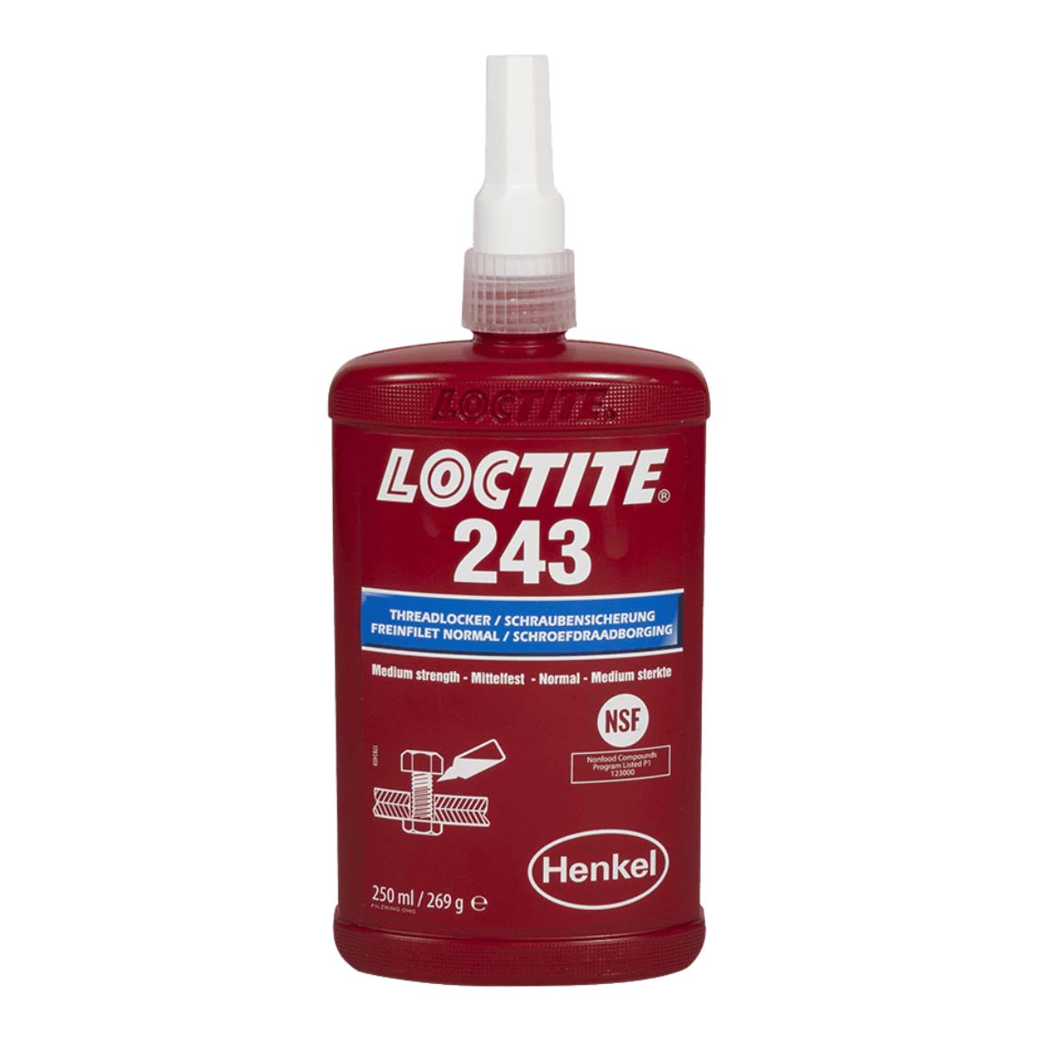 Fijador de roscas LOCTITE 243 azul multiuso para todos los metales, tolerante a contaminación por aceites
