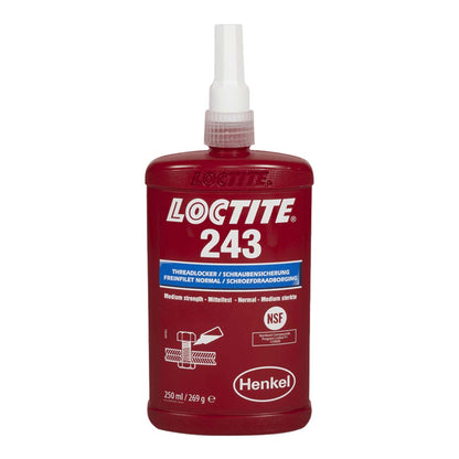 Fijador de roscas LOCTITE 243 azul multiuso para todos los metales, tolerante a contaminación por aceites