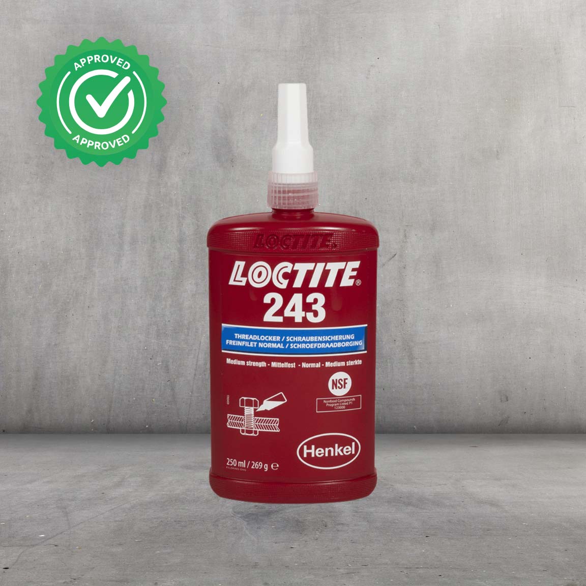 Fijador de roscas LOCTITE 243 azul multiuso para todos los metales, tolerante a contaminación por aceites