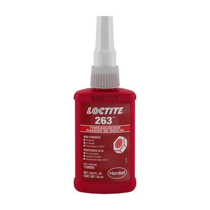 Fijador de roscas LOCTITE 263 color rojo, de alta resistencia, fórmula primerless para acero inoxidable y certificado NSF