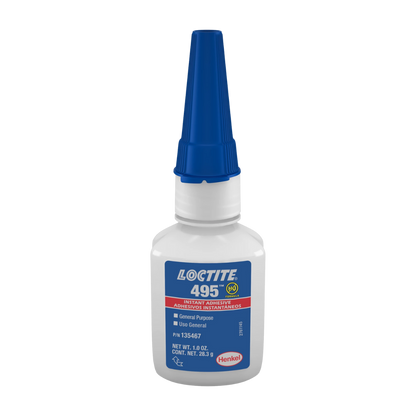 Frasco de LOCTITE 495, adhesivo instantáneo estándar de baja viscosidad para plásticos y cauchos