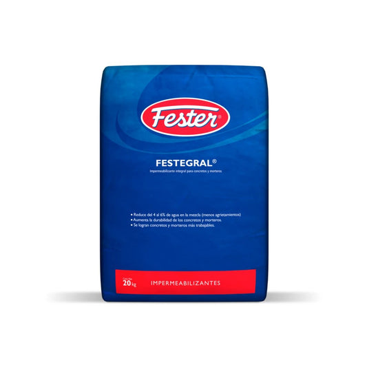 Sacos de Festegral, polvo gris claro impermeabilizante integral para mezclar en concreto y mortero, presentaciones de 2kg, 5kg y 20kg.