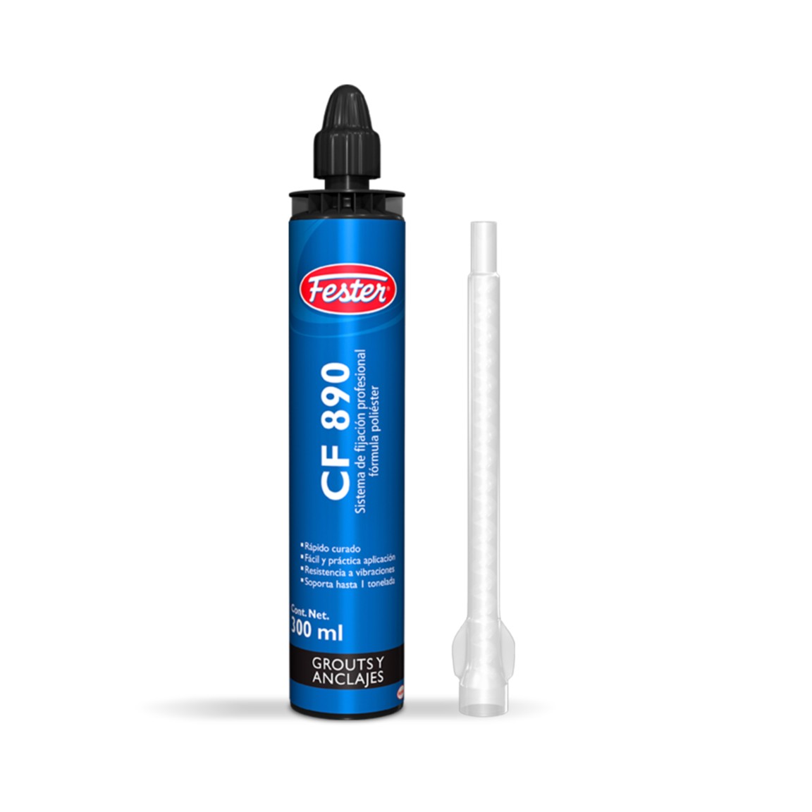 Cartucho del producto Fester CF 890 de 200 mL, sistema de anclaje químico con resina poliéster de 2 componentes para fijación rápida de pernos y varillas.
