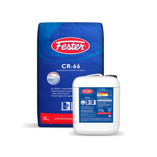 Saco y porrón del Impermeabilizante Fester CR-66 Fibre Force de 35 kg (25 kg polvo + 10 kg resina). Producto cementoso flexible reforzado con fibras para impermeabilizar muros, terrazas y depósitos de agua.