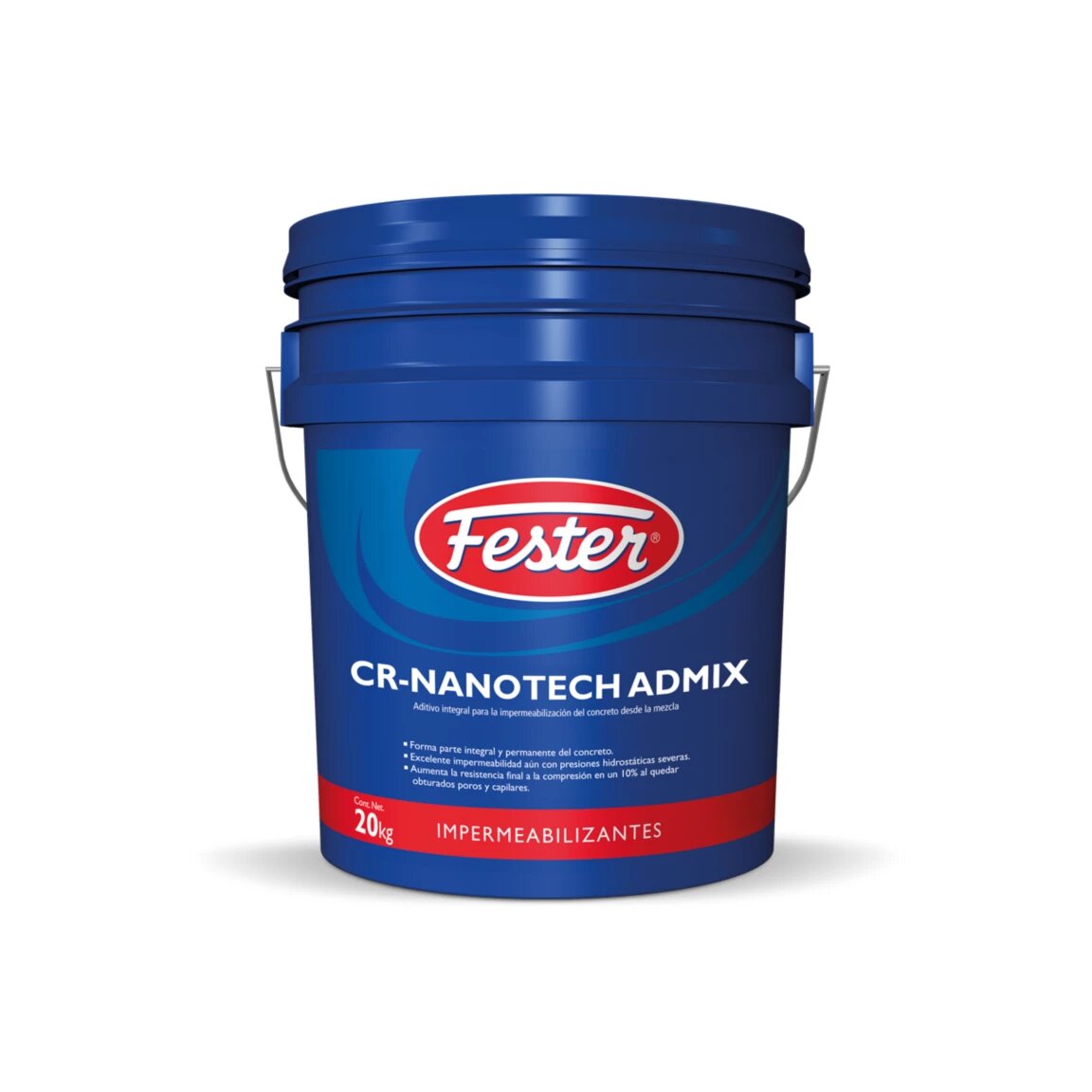Cubeta de 20 kg del aditivo Fester CR-Nanotech Admix, producto en polvo con nanotecnología para impermeabilizar el concreto desde la mezcla.