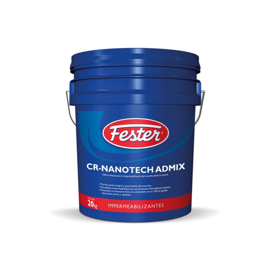 Cubeta de 20 kg del aditivo Fester CR-Nanotech Admix, producto en polvo con nanotecnología para impermeabilizar el concreto desde la mezcla.
