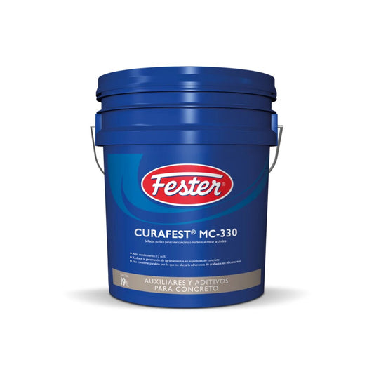 Cubeta y tambo de Fester Curafest MC-330, sellador líquido blanco para el curado de concreto inmediato al desmoldar.