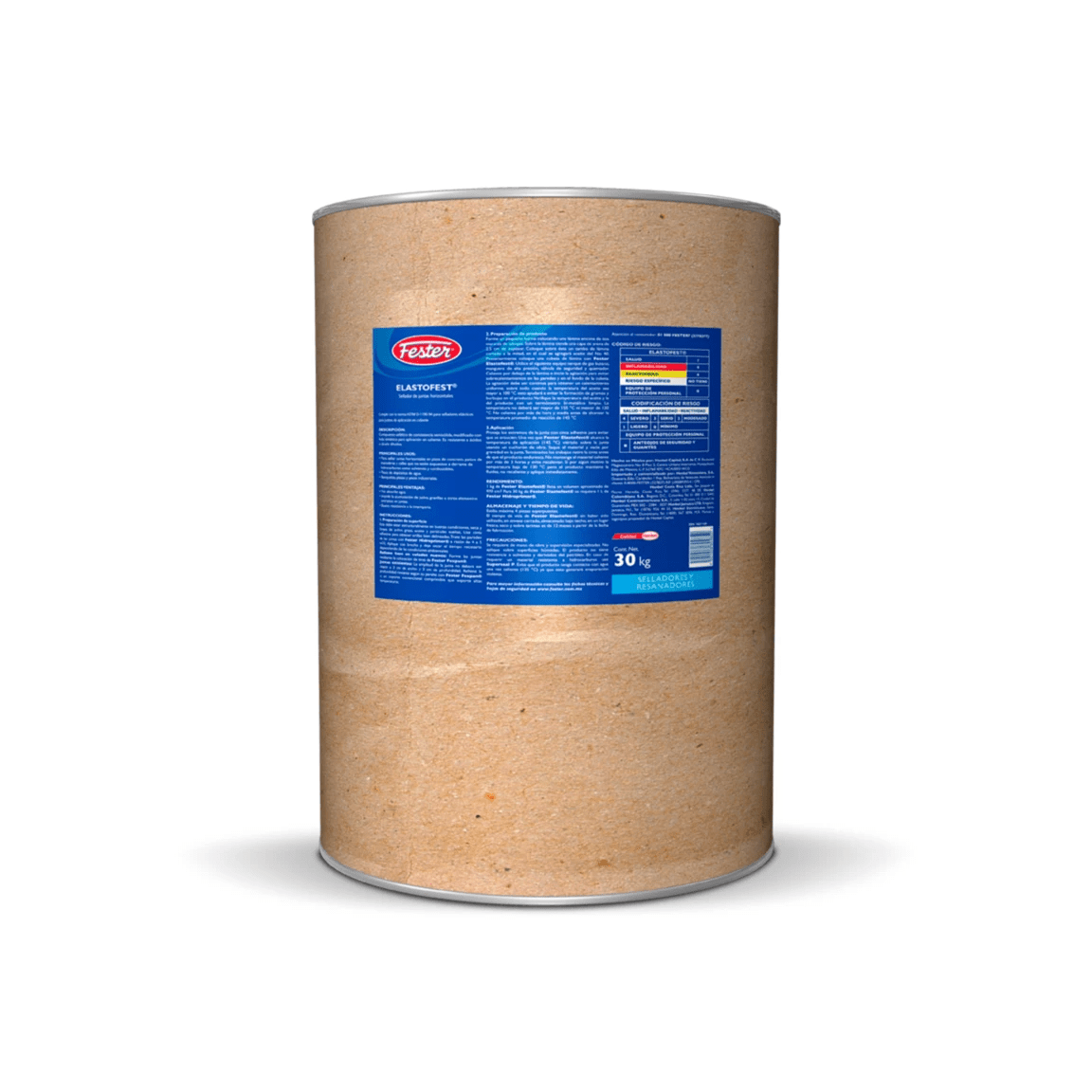 Cuñete de Fester Elastofest, sellador asfáltico negro en bloque para aplicación en caliente en juntas horizontales de concreto.