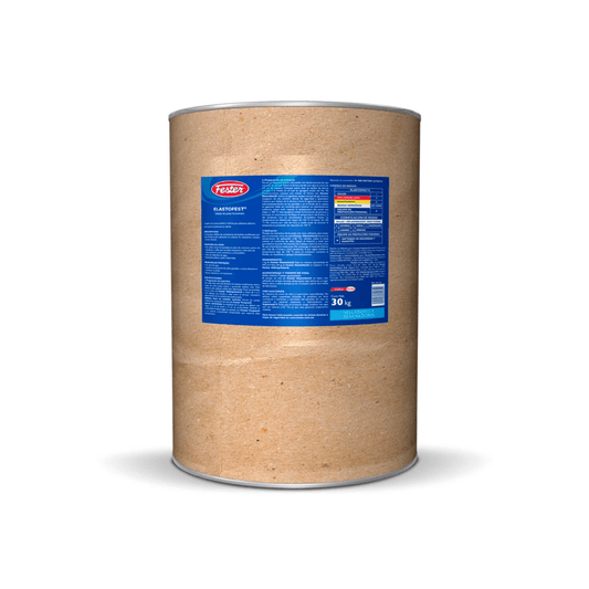 Cuñete de Fester Elastofest, sellador asfáltico negro en bloque para aplicación en caliente en juntas horizontales de concreto.