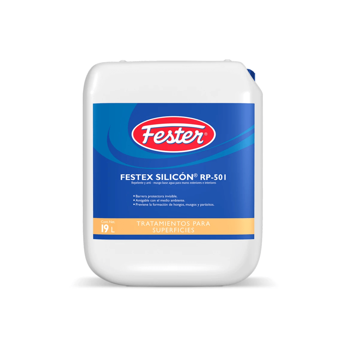 Garrafa y aplicación del repelente hidrofugante incoloro Festex Silicón RP-501 en un muro.
