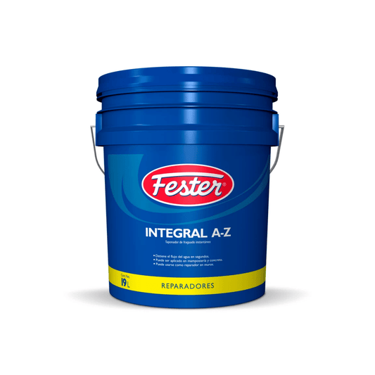 Envases de Fester Integral A-Z, sellador líquido para taponar fugas de agua de forma instantánea en concreto, presentaciones de 1L a 19L.