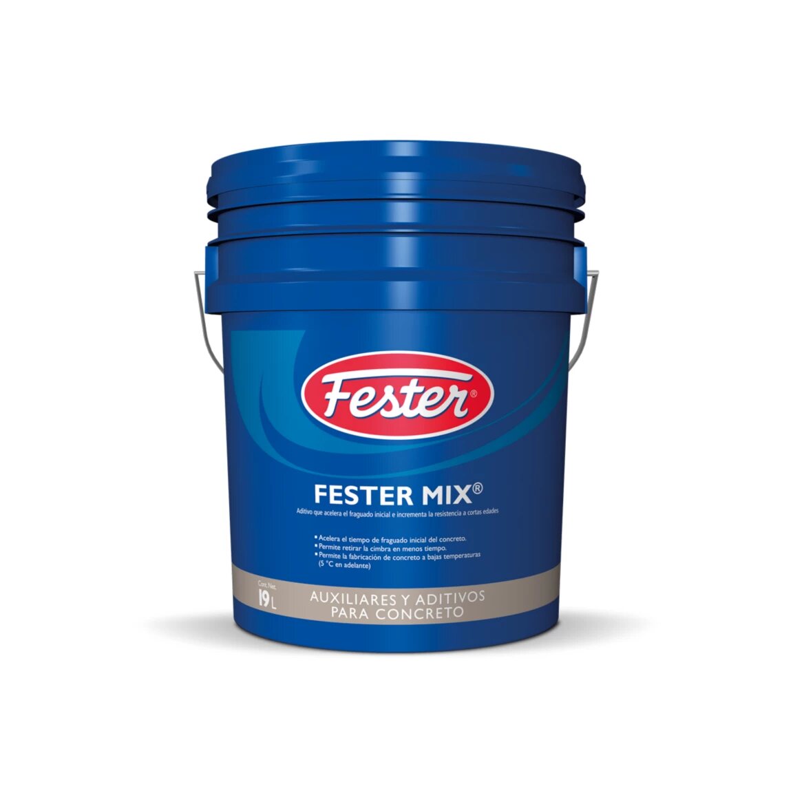 Envases de Festermix, acelerante líquido grisáceo para reducir el tiempo de fraguado del concreto, presentaciones de 4L a 200L.
